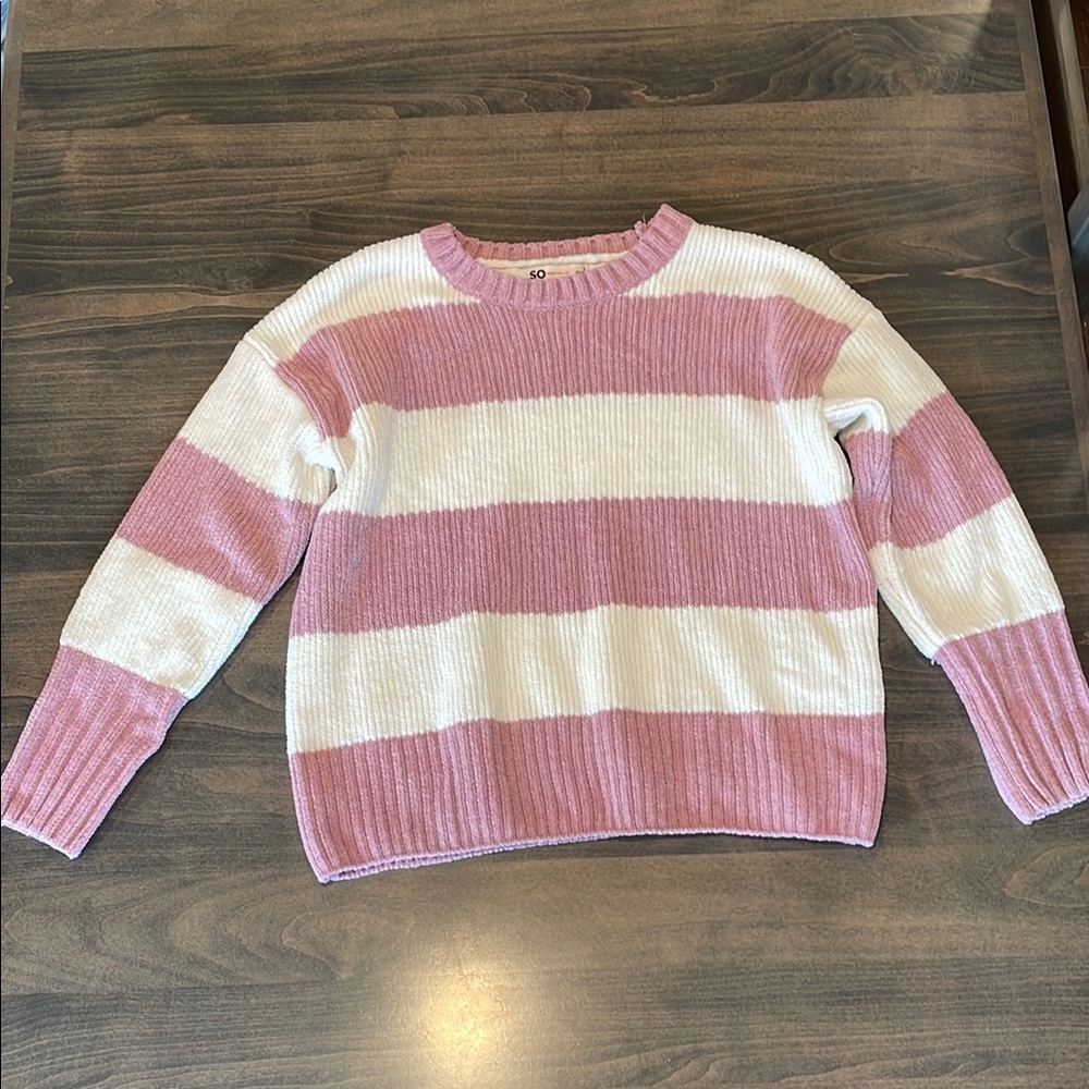 SO Pink and White Crew Neck Sweater with Ribbed Detailing